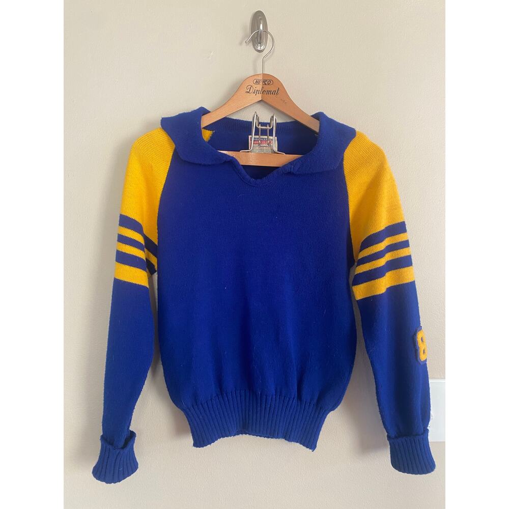 Vintage 70s 80s Cheerleader Supply Co Sweater Blue Yellow XS or S